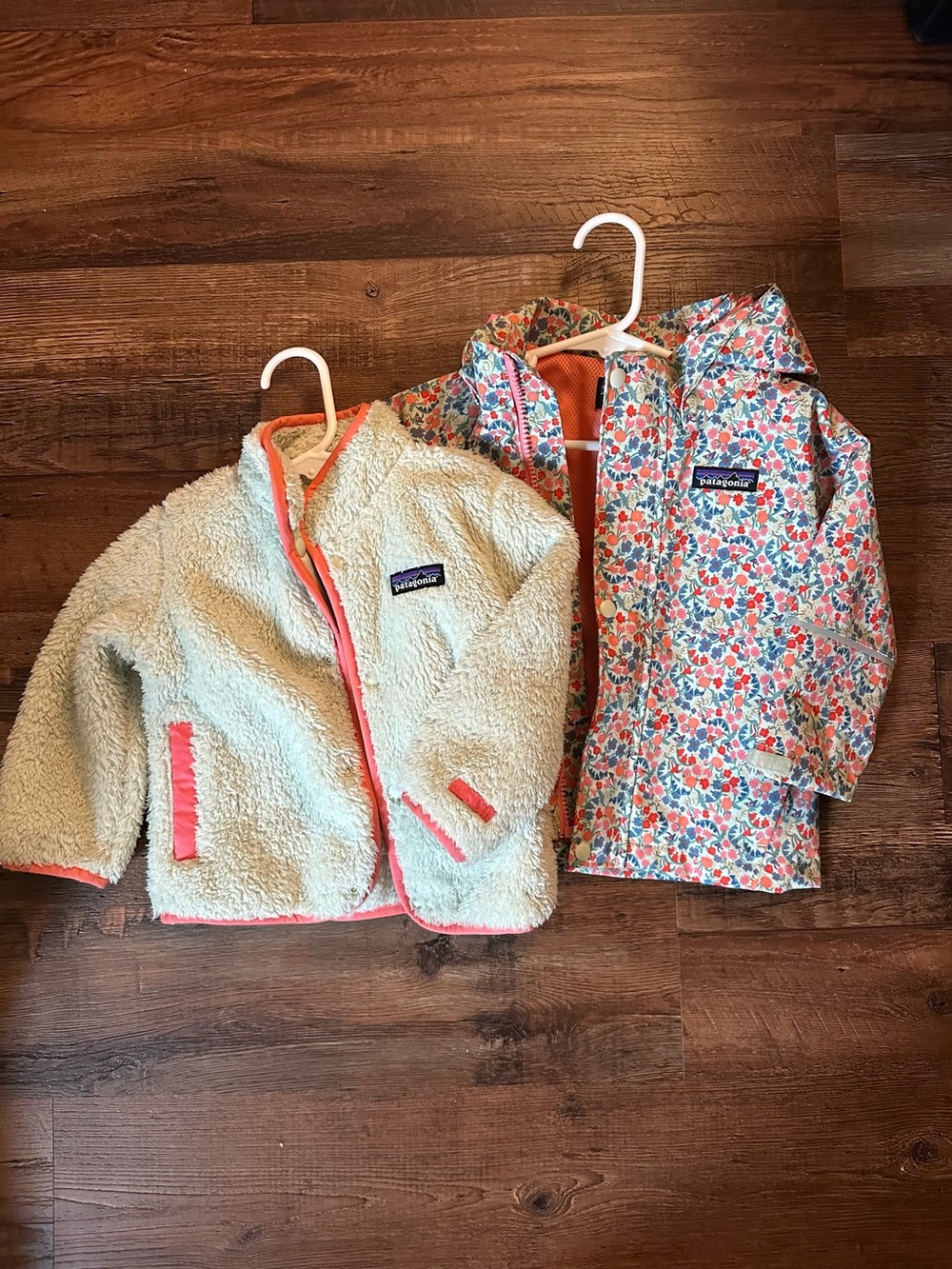 Patagonia Kids Mint Sherpa Jacket and Floral Raincoat with Coral Trim